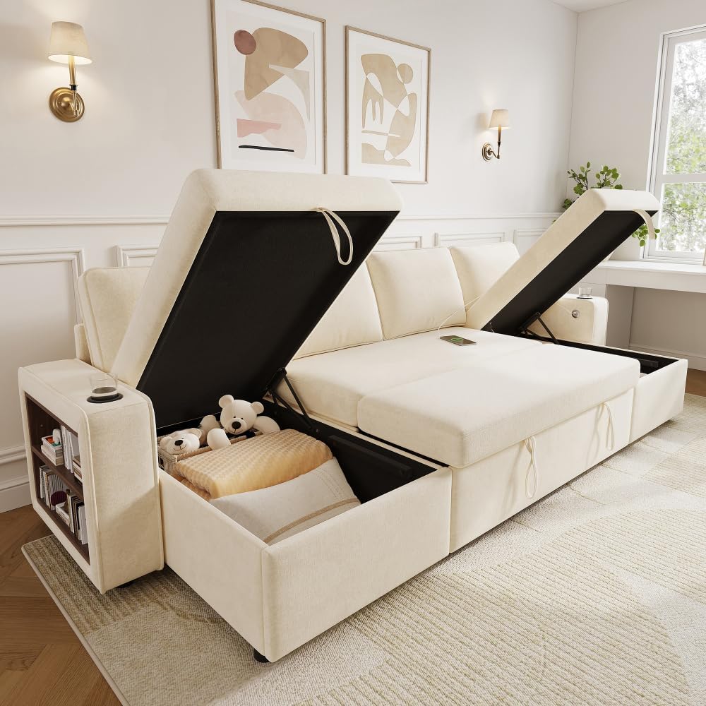 Canapé Sapgaks Beige-1, 270 × 125 × 86 cm, télécommande, avec Porte-gobelet, Port de Chargement USB et Tablette d'accoudoir, rangements intégrés