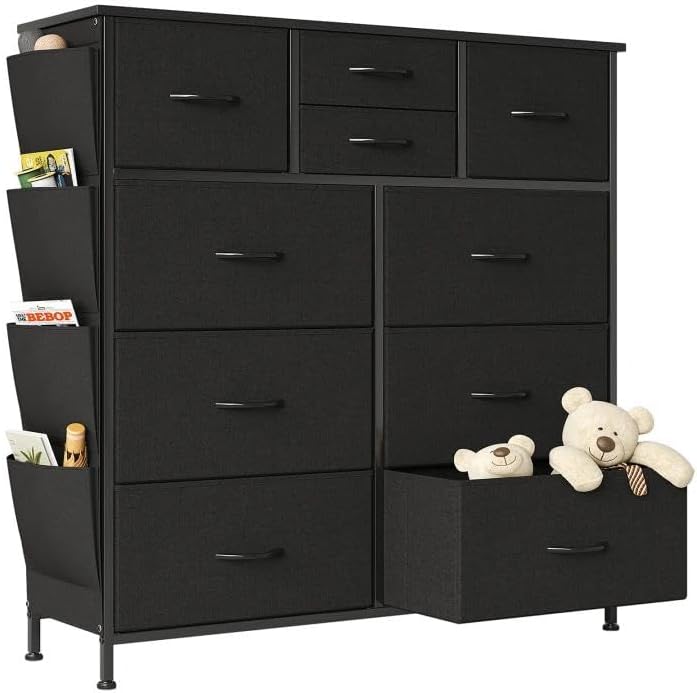 Commode, organiseur de rangement en tissu pour chambre d'enfant, 100 cm, réglable, Flrrtenv, 30 cm, 98, 2 cm, 15 mm, 10 tiroirs, Noir