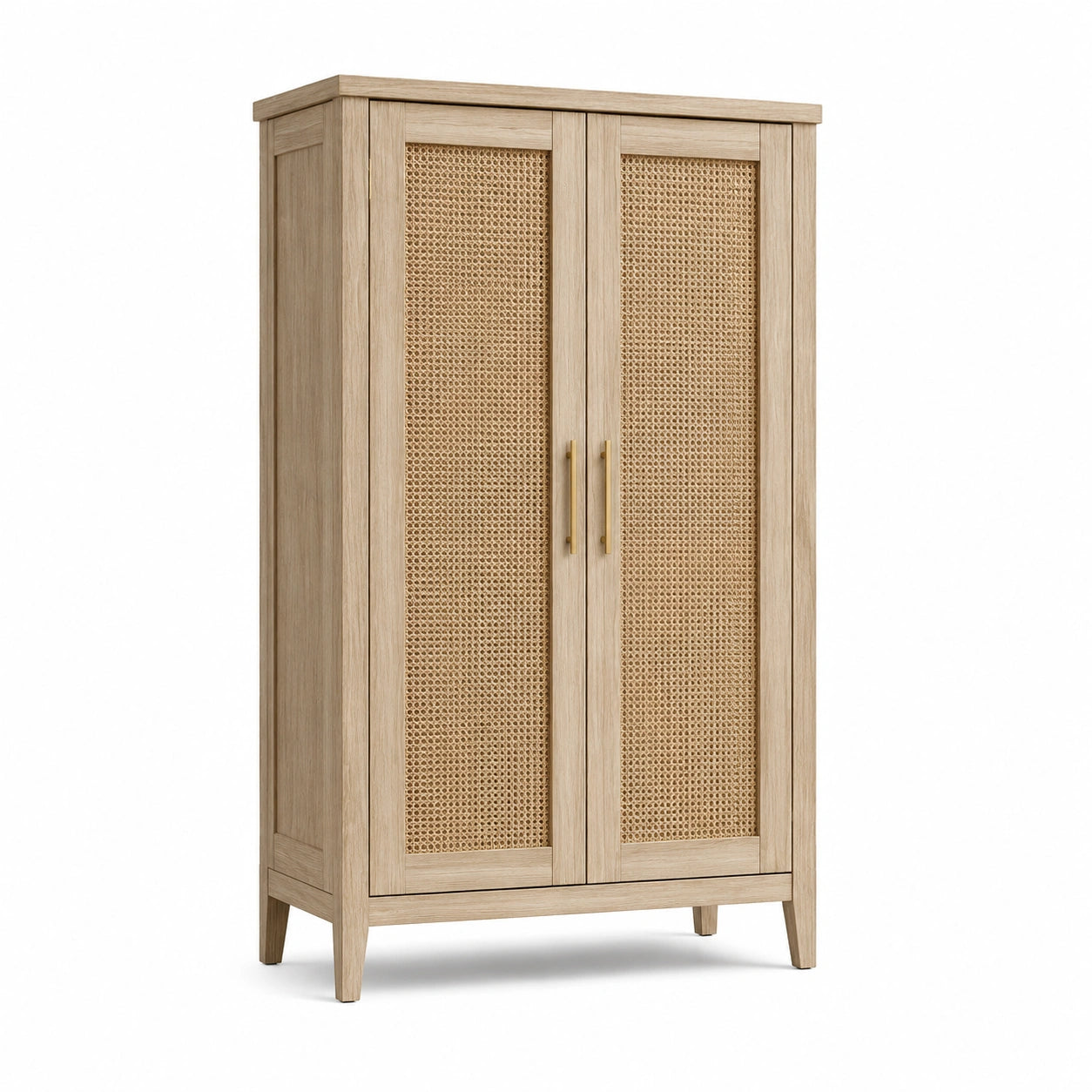Armoire en bois avec portes en rotin et poignées en métal
