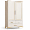 Armoire en bois et blanc avec poignées dorées, 3 tiroirs, 2 portes