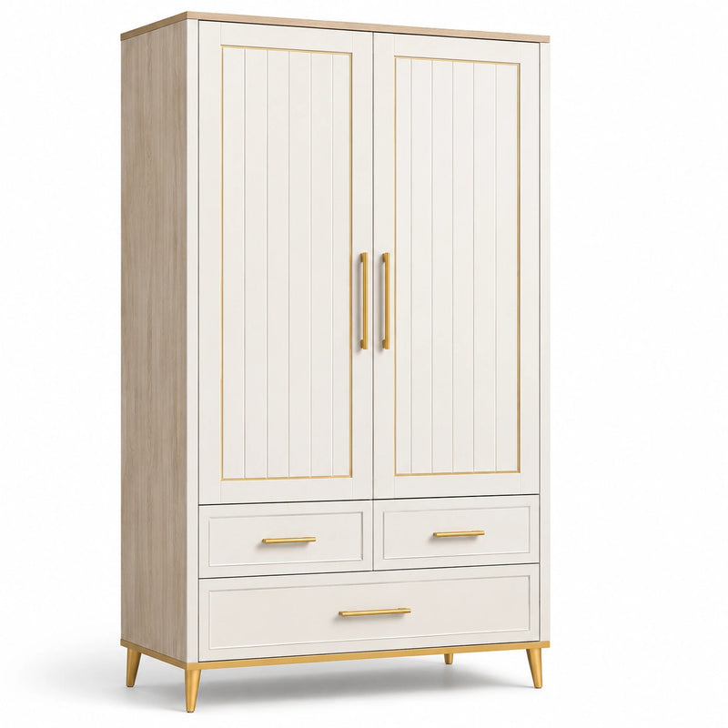 Armoire en bois et blanc avec poignées dorées, 3 tiroirs, 2 portes