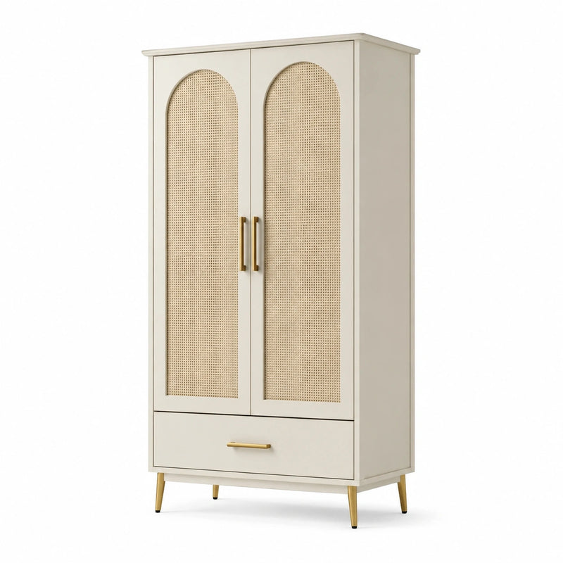 Armoire en bois avec rotin et pieds dorés