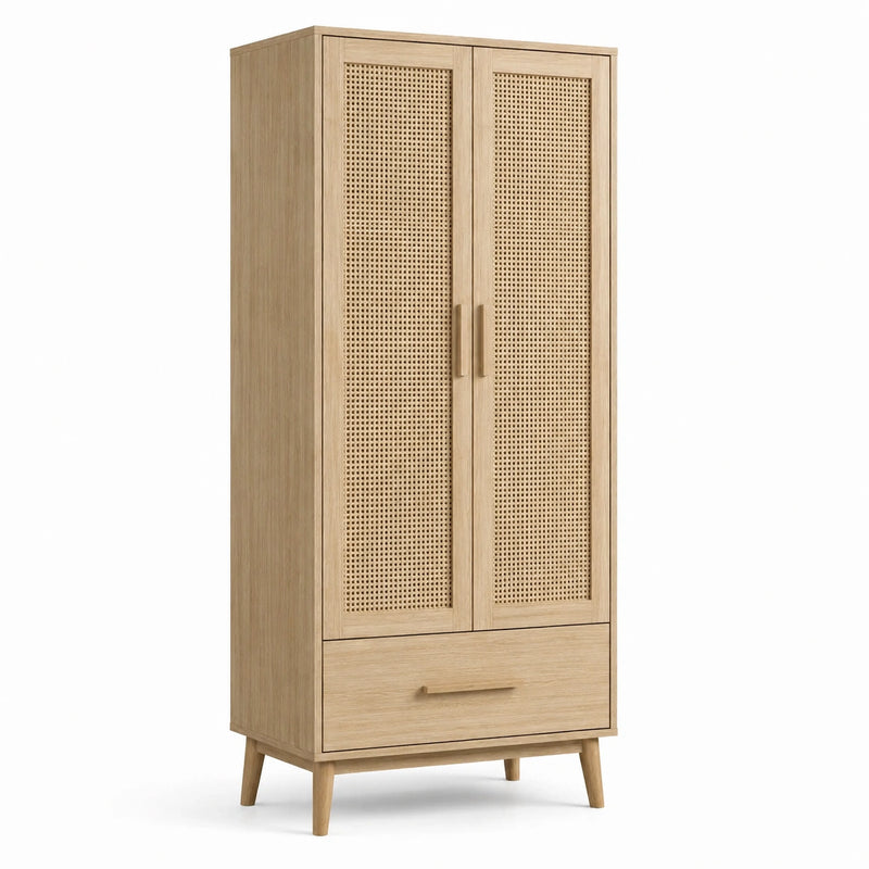 Armoire en Bois avec Cannage Naturel et Tiroir 180x80x50 cm