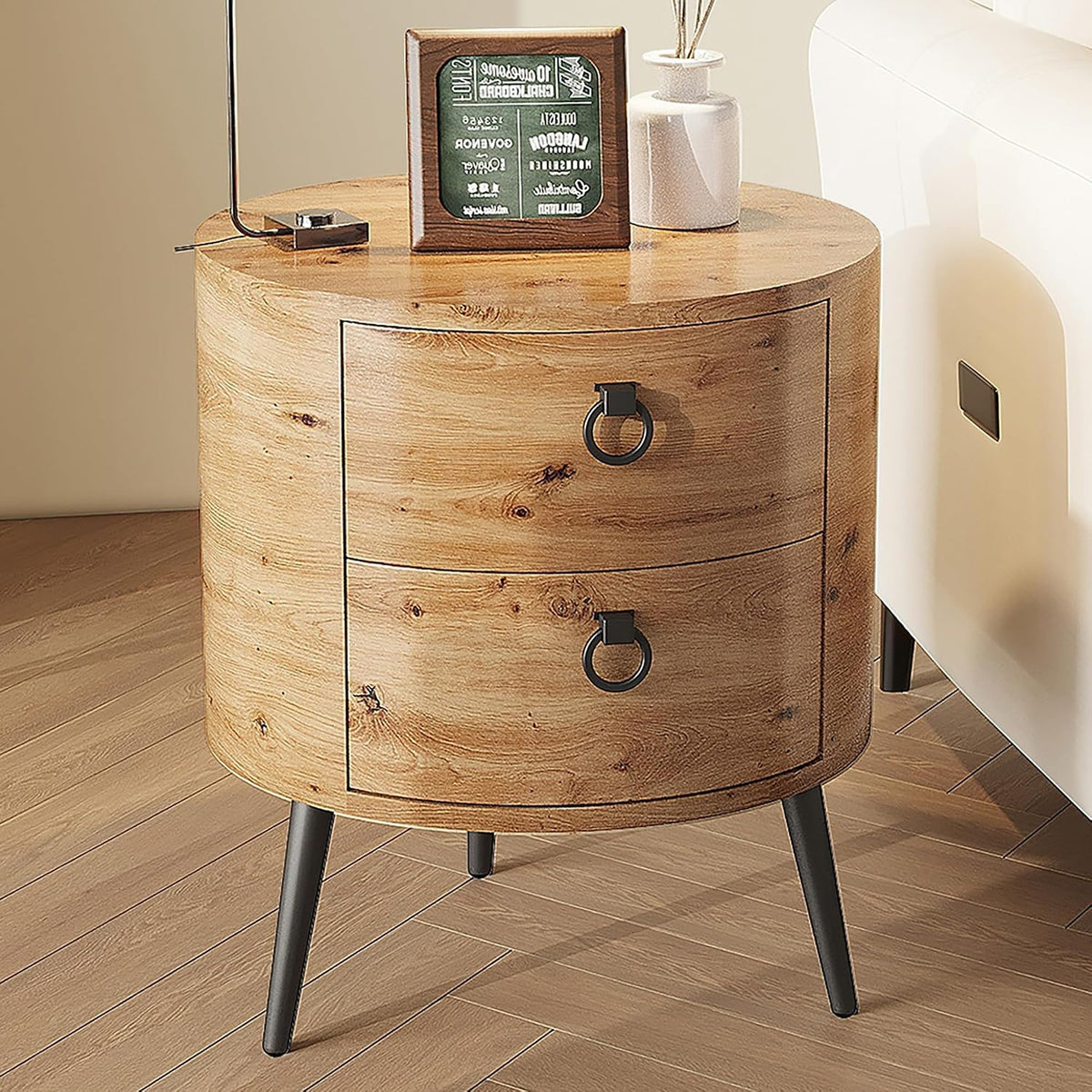 Canapé OPULENTHOME, 47 × 47 × 55 cm, Table d'appoint Bois, télécommande, Table de Nuit pour Salon, 2 tiroirs, Chambre, Naturel