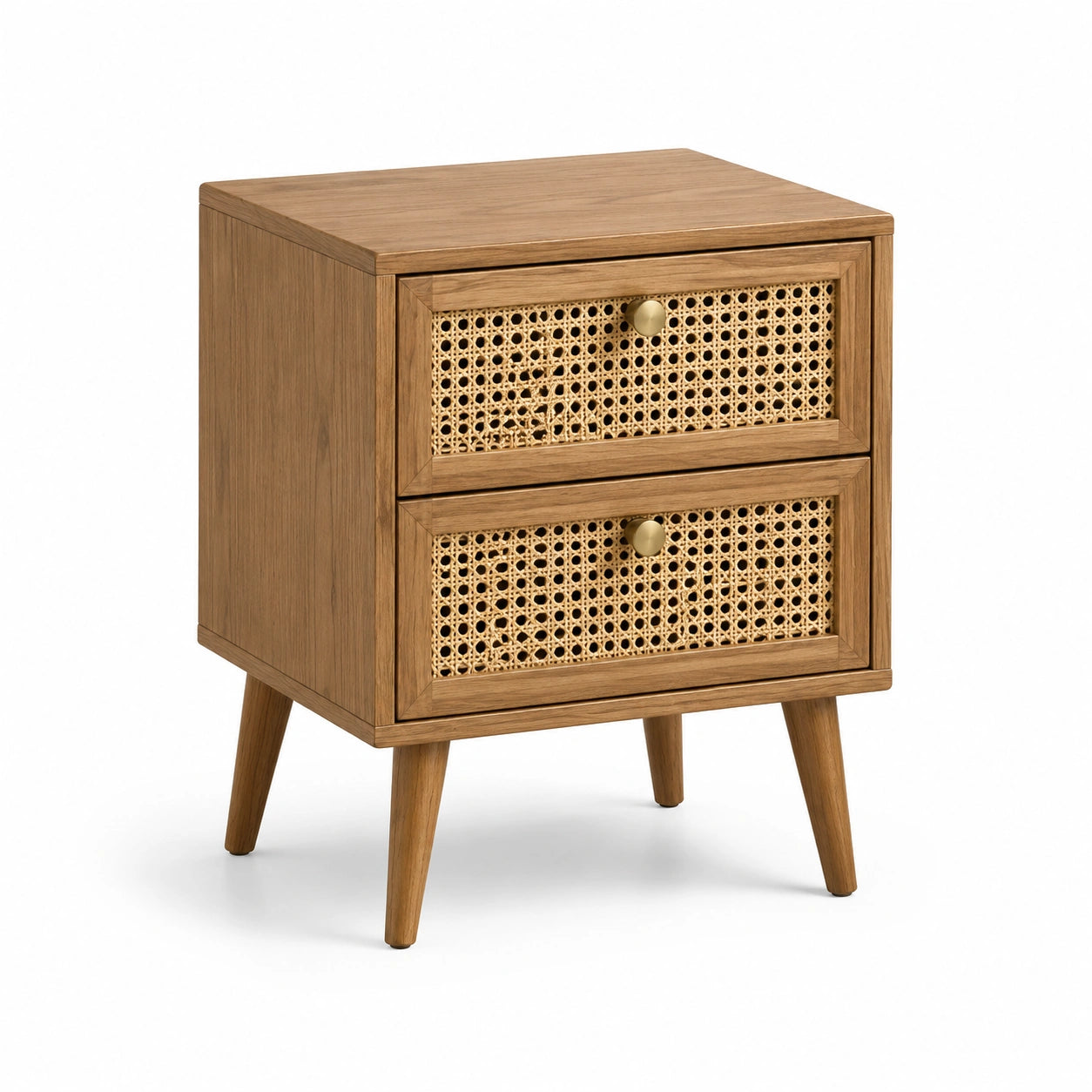 Table de chevet en bois avec tiroirs en rotin, 2 tiroirs, chêne clair