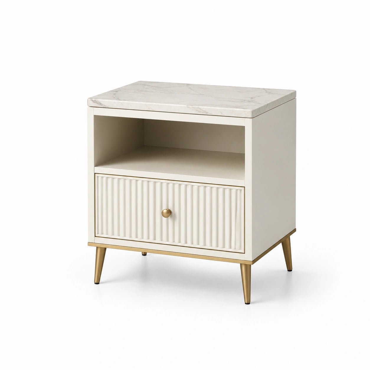 Table de chevet en bois et métal avec plateau en marbre
