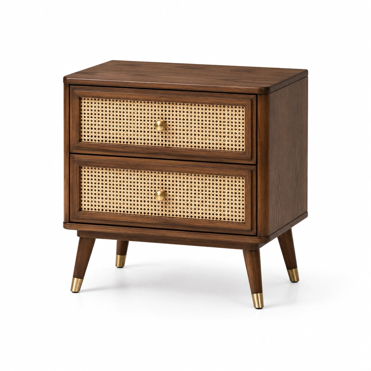 Table de chevet en bois et rotin à 2 tiroirs