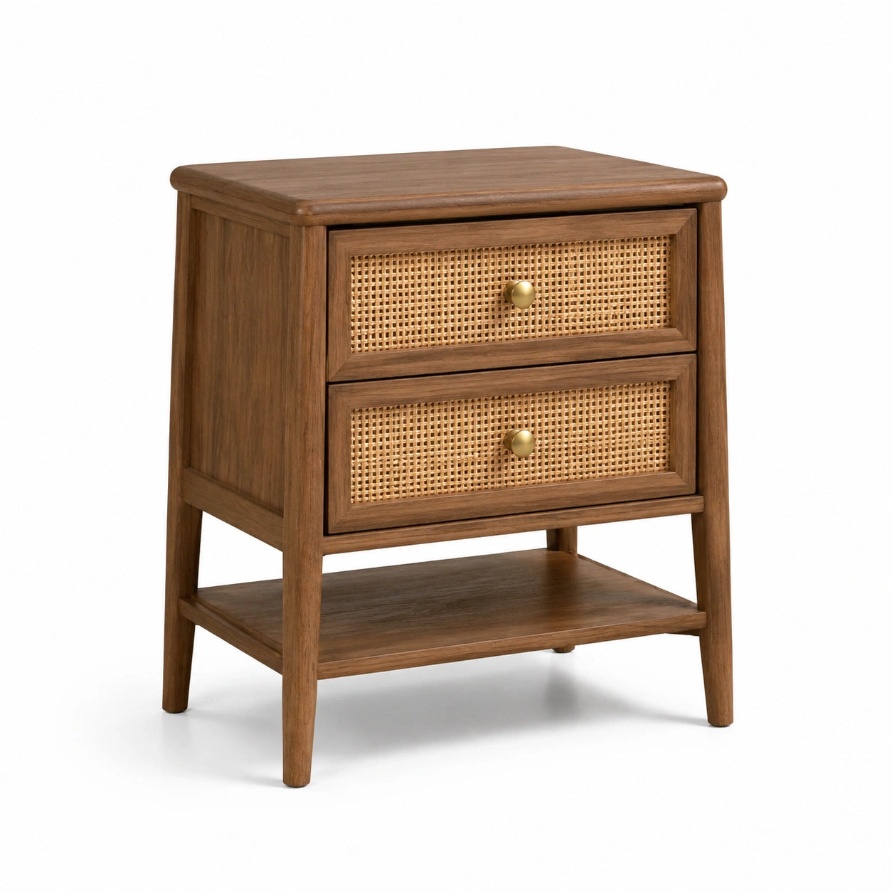 Table de chevet en bois et rotin avec 2 tiroirs