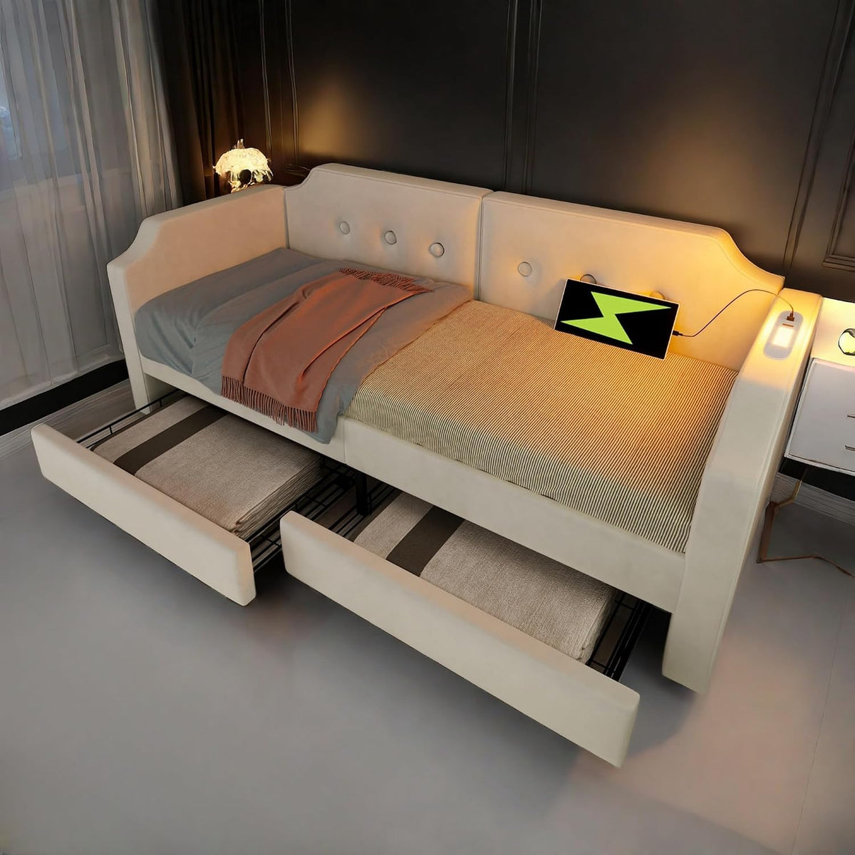 Canapé Sapgaks 90x200, lit coffre avec 2 tiroirs de rangement, cadre de lit en bois, Sans Matelas, beige