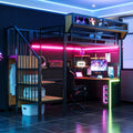 Lit, 90 × 200 cm, éclairage LED, avec bureau, Merax, LED et prise, noir, sans matelas, portable, étagère
