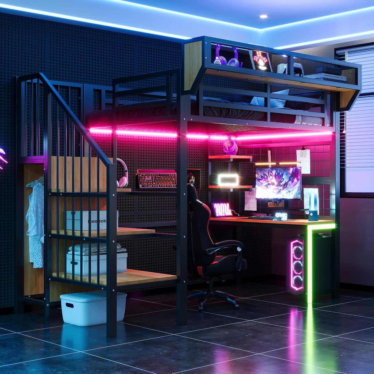 Lit, 90 × 200 cm, éclairage LED, avec bureau, Merax, LED et prise, noir, sans matelas, portable, étagère