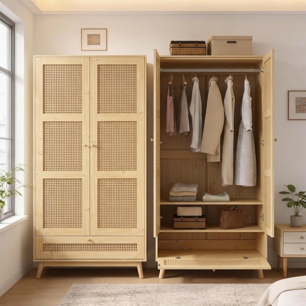 Armoire, Chambre, 2 Portes, avec Couvercle inférieur Rabattable, DHHU, Filet en rotin, Salon, Panneaux de Particules et rotin PE