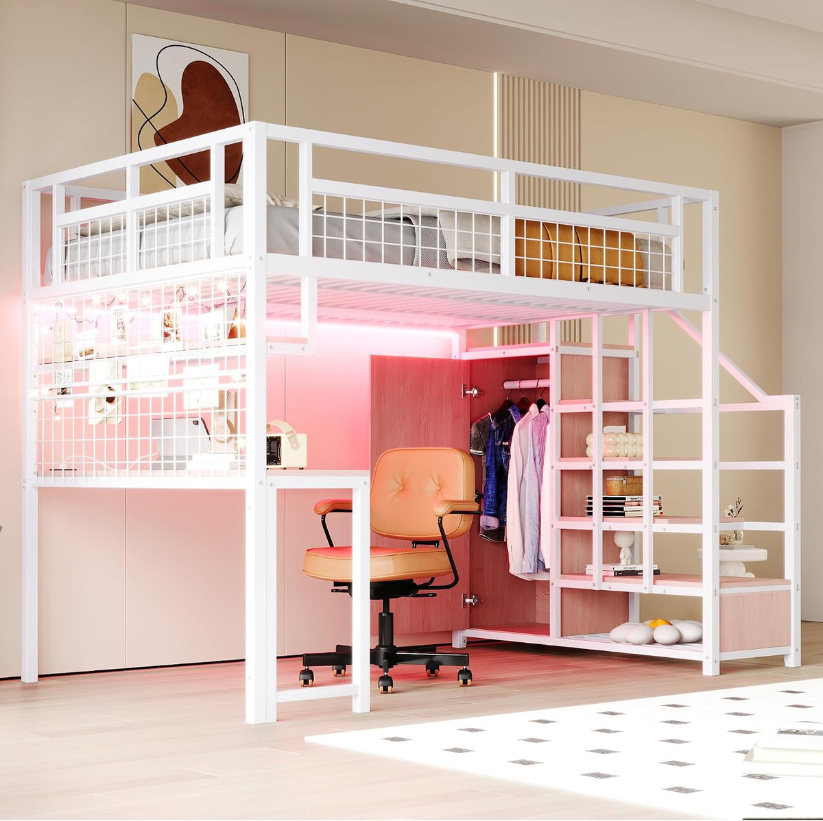 Lit Merax 140x200, 140 × 200 cm, avec Armoire et Bureau, Blanc, sans Matelas