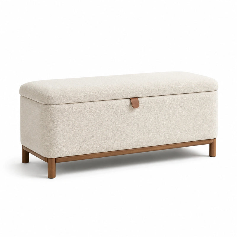 Banc de rangement en bois et tissu bouclé beige 120x40x45cm