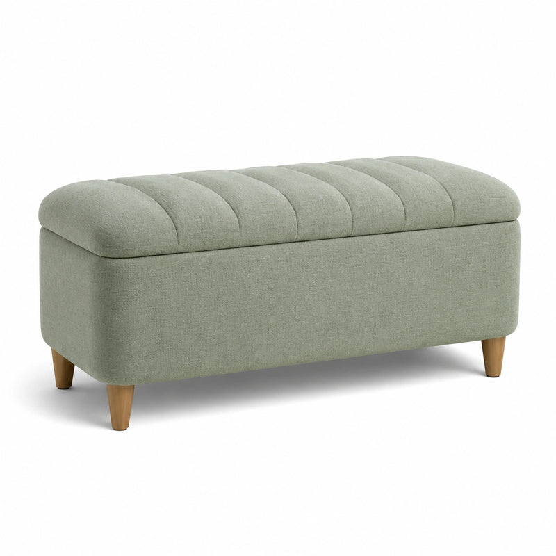 Banc de rangement en lin vert avec pieds en bois