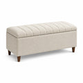 Banc de rangement en tissu polyester beige avec pieds en bois