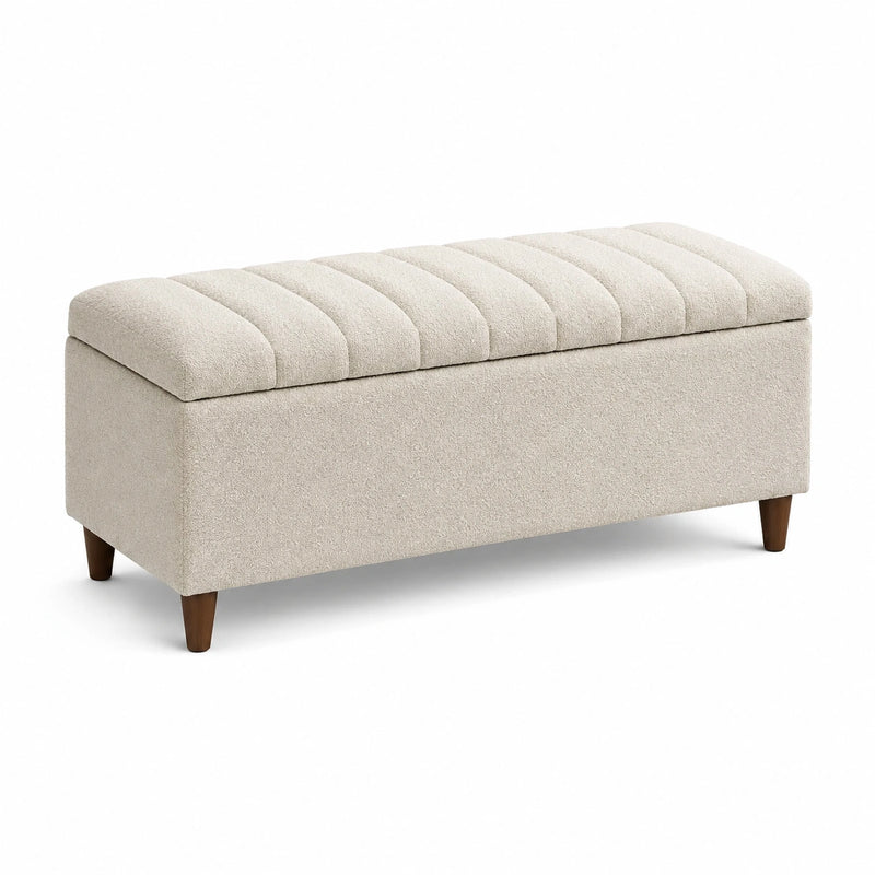 Banc de rangement en tissu polyester beige avec pieds en bois
