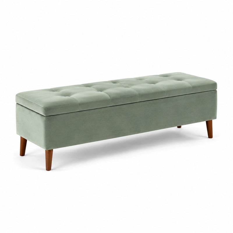 Banc de rangement en velours avec pieds en bois massif