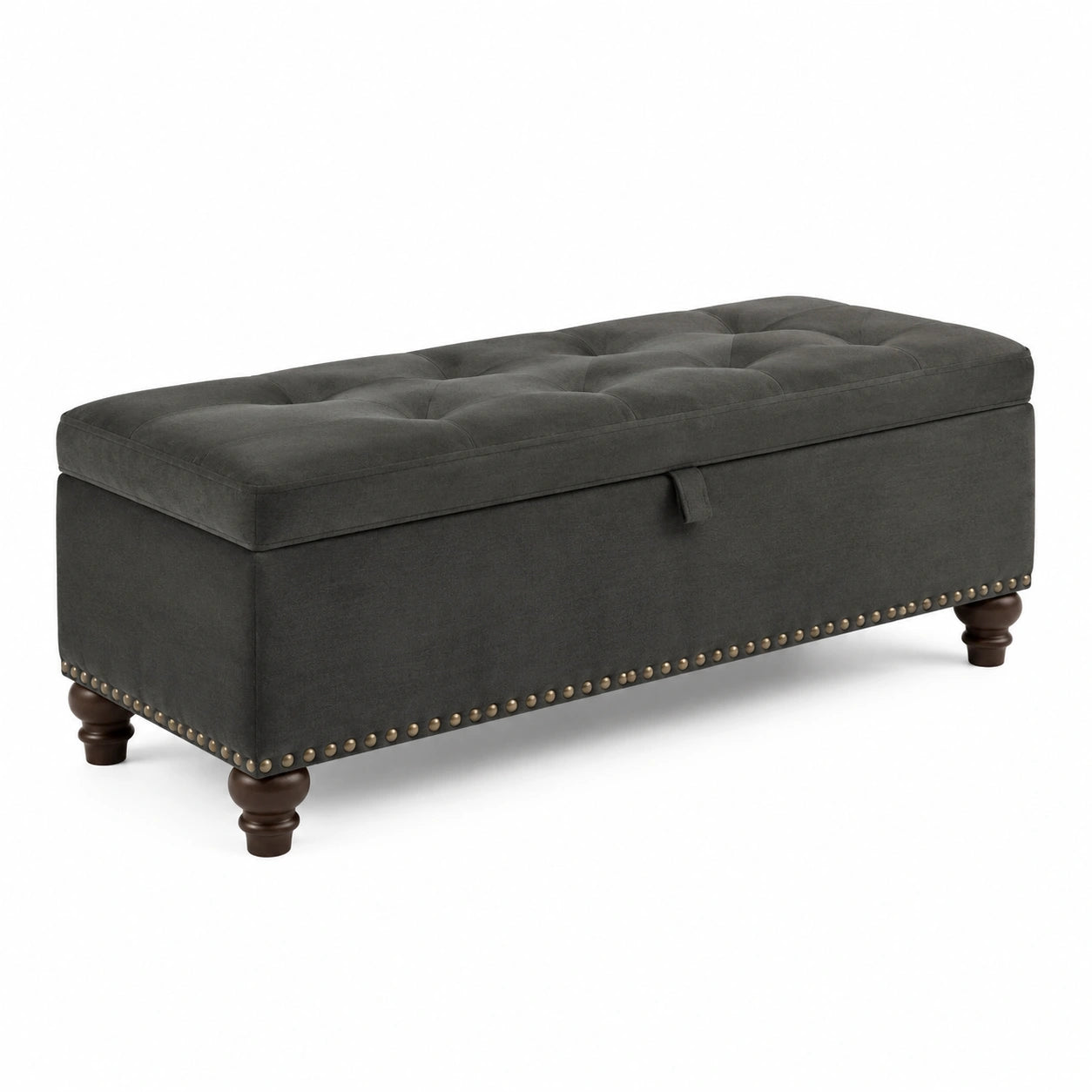 Banc de rangement en tissu gris foncé avec pieds en bois