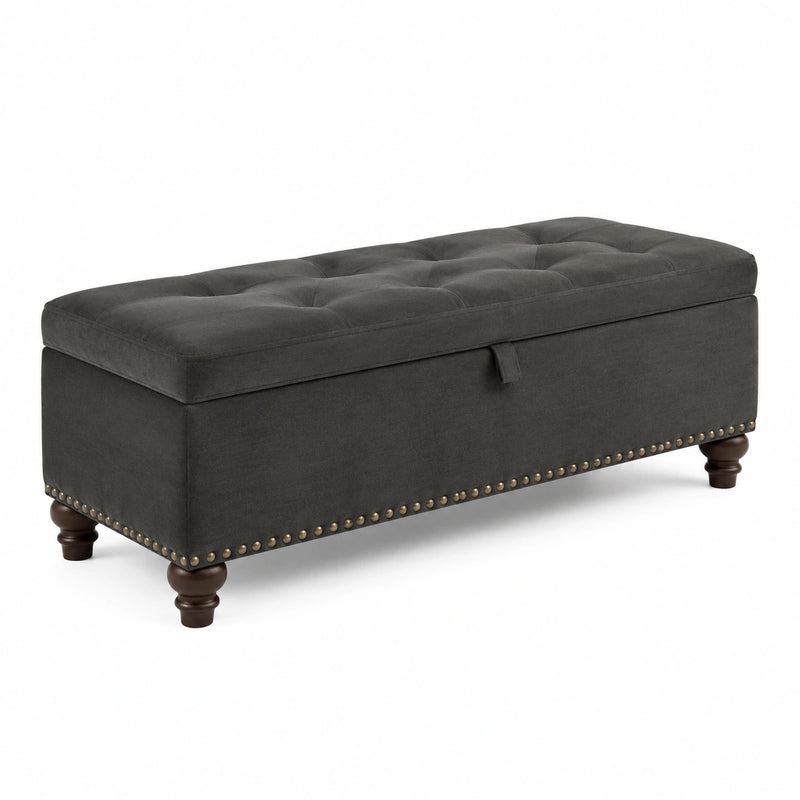 Banc de rangement en tissu gris foncé avec pieds en bois