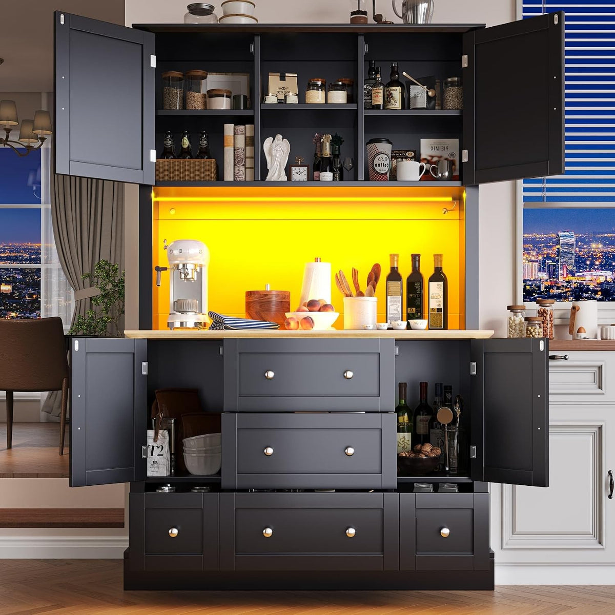 Buffet, 115 × 40 × 180 cm, éclairage LED, Armoire de Salon Moderne, EURHCIO, 115 cm, 40 cm, 120 cm, 115 × 40 × 180cm, 4 Portes, 5 Tiroirs