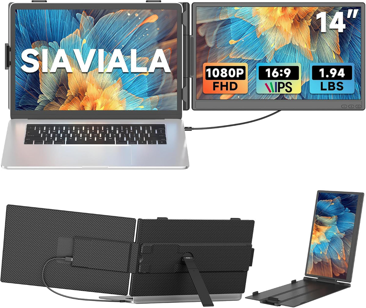 siaviala Moniteur PC, Double Écran PC portable IPS FHD 1080P avec USB-C/HDMI, 14' Extension Ecran PC portable