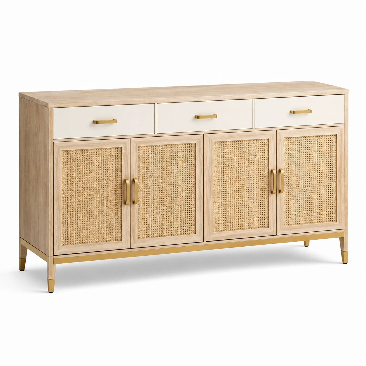 Buffet en bois et rotin avec tiroirs blancs