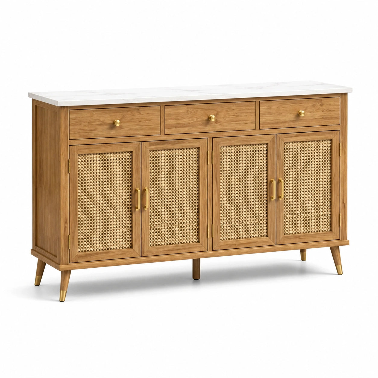 Buffet en bois de chêne et rotin avec plateau marbre, 4 portes, 3 tiroirs