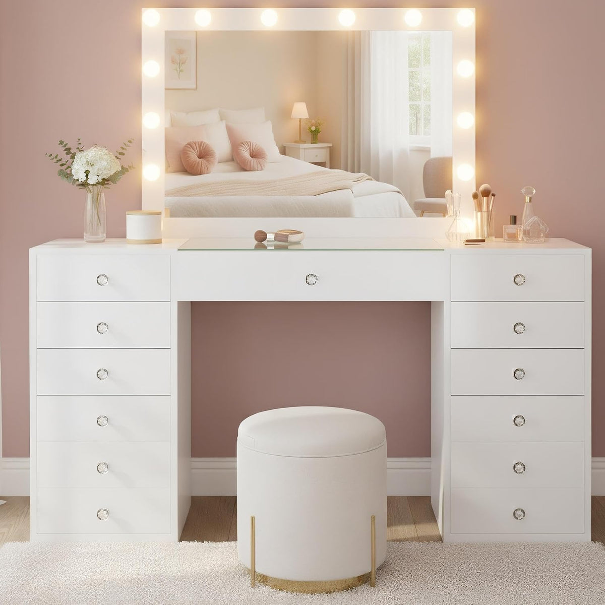 Coiffeuse, 100 × 75 cm, Miroir Hollywood LED 3 Couleurs de lumière, verre, CLP, 13 tiroirs, éclairage LED, avec tiroirs, Couleur:Blanc