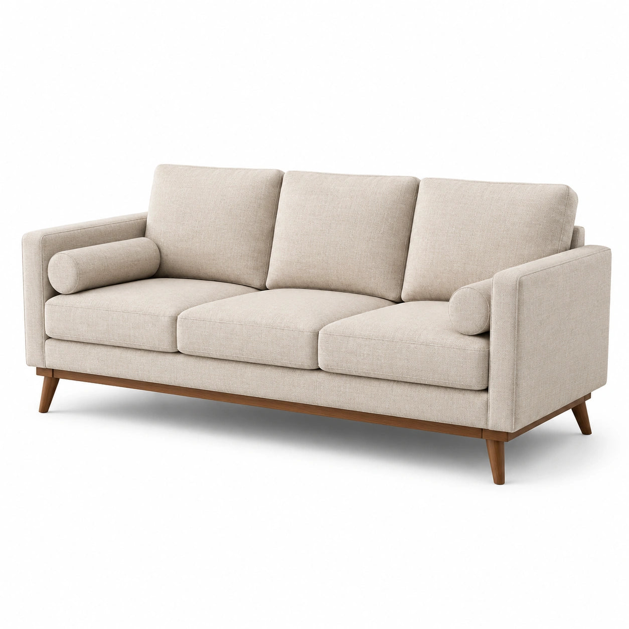 Canapé 3 places en tissu lin beige avec pieds en bois