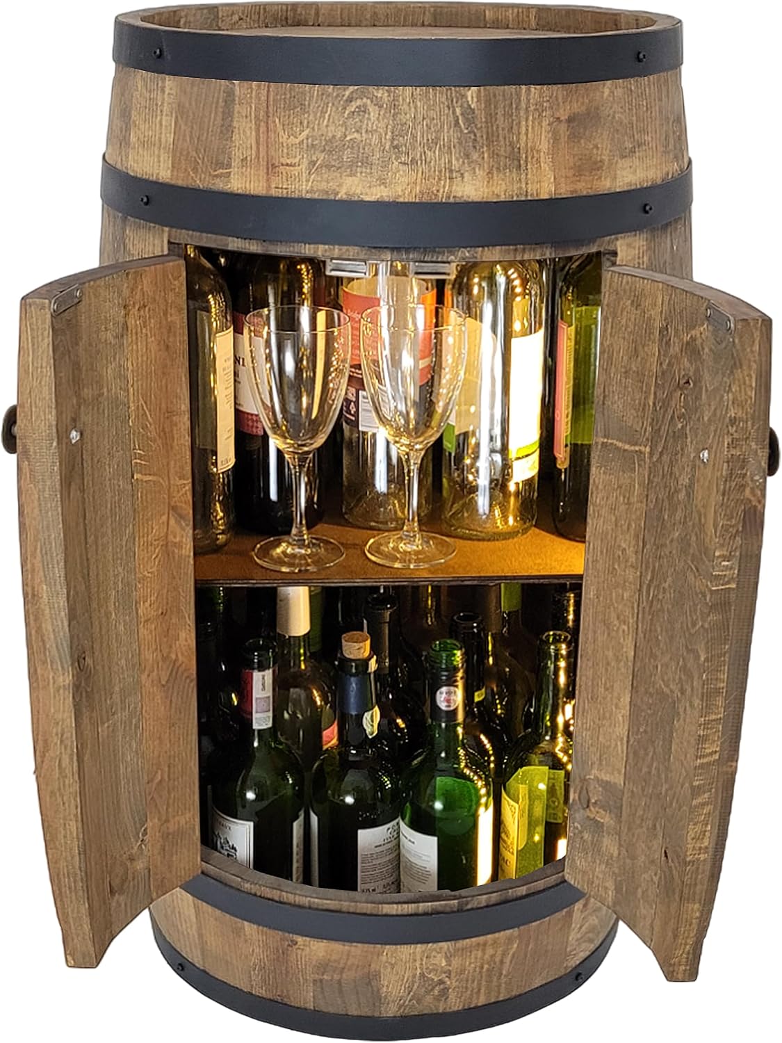 Meuble bar tonneau, 80 × 50 × 44 cm, éclairage LED, Baril en Bois avec Portes et Éclairage LED, weeco, 3 cm, 80 × 50cm, 2 portes