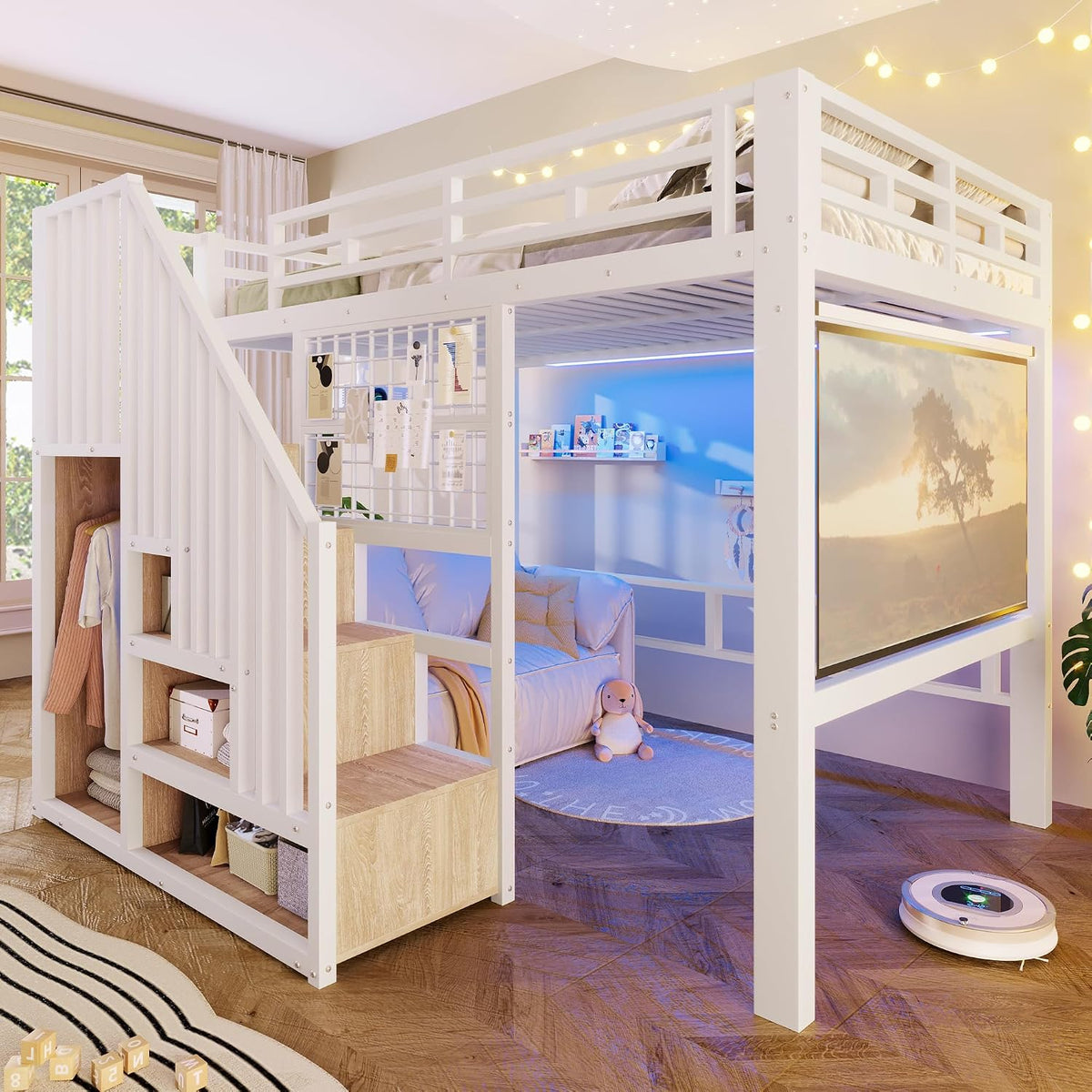 Vidéoprojecteur, lit à Cadre en métal avec Projecteur pouvant être Suspendu, 140 × 200 cm, éclairage LED, Zepneiy, 204 × 191 × 170 cm, 10 cm