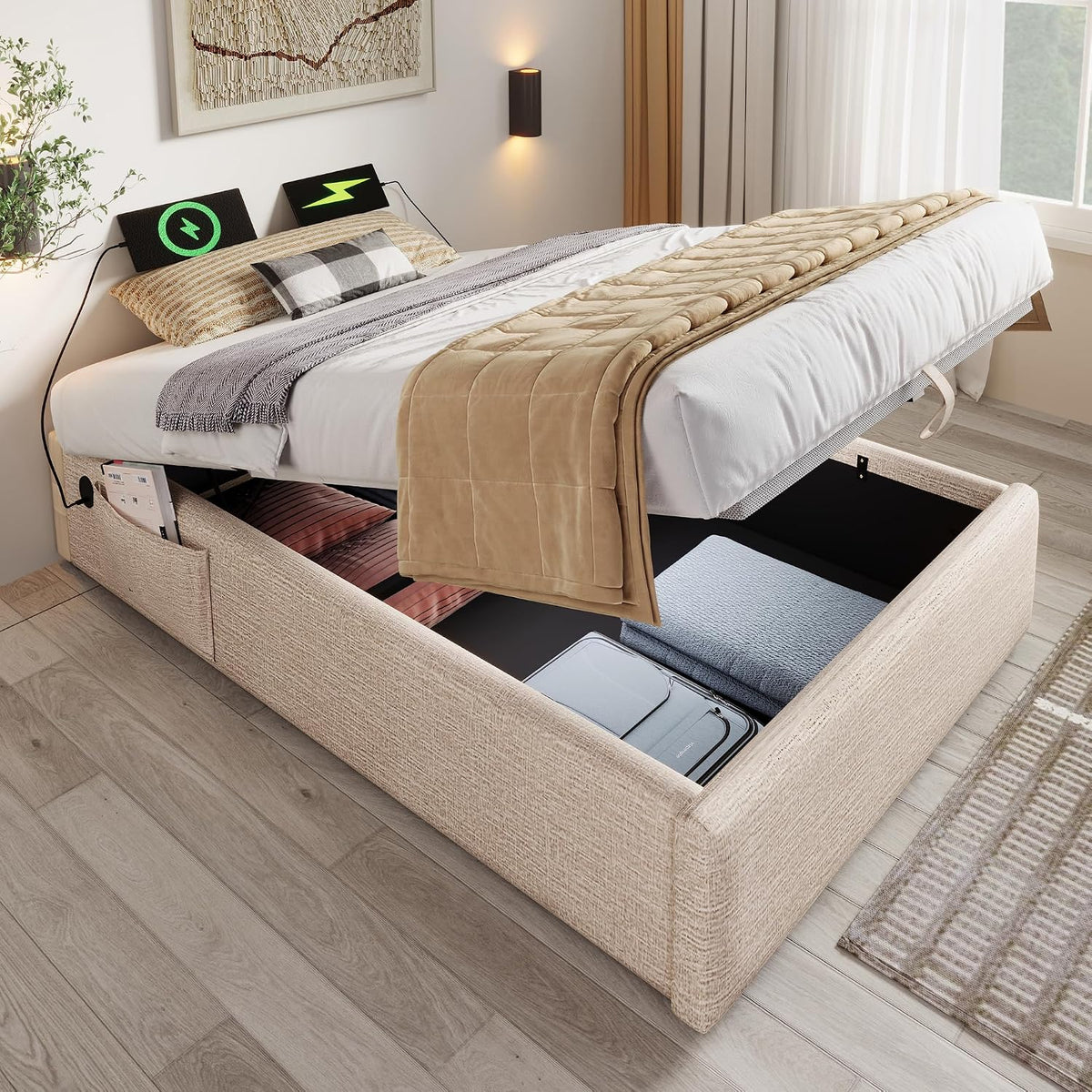 Cadre de lit, 90 × 190 cm, sans Matelas, Zepneiy, 192 cm, 91 cm, 29 cm, 3 cm, Beige
