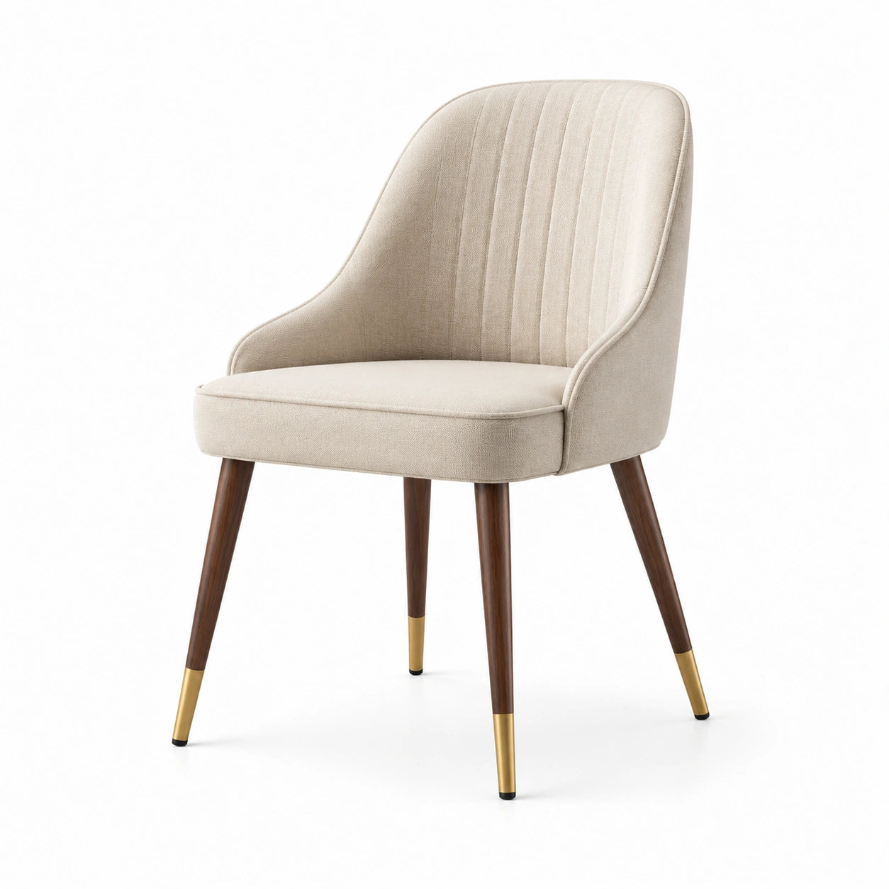 Chaise en tissu avec pieds en bois de noyer et accents dorés