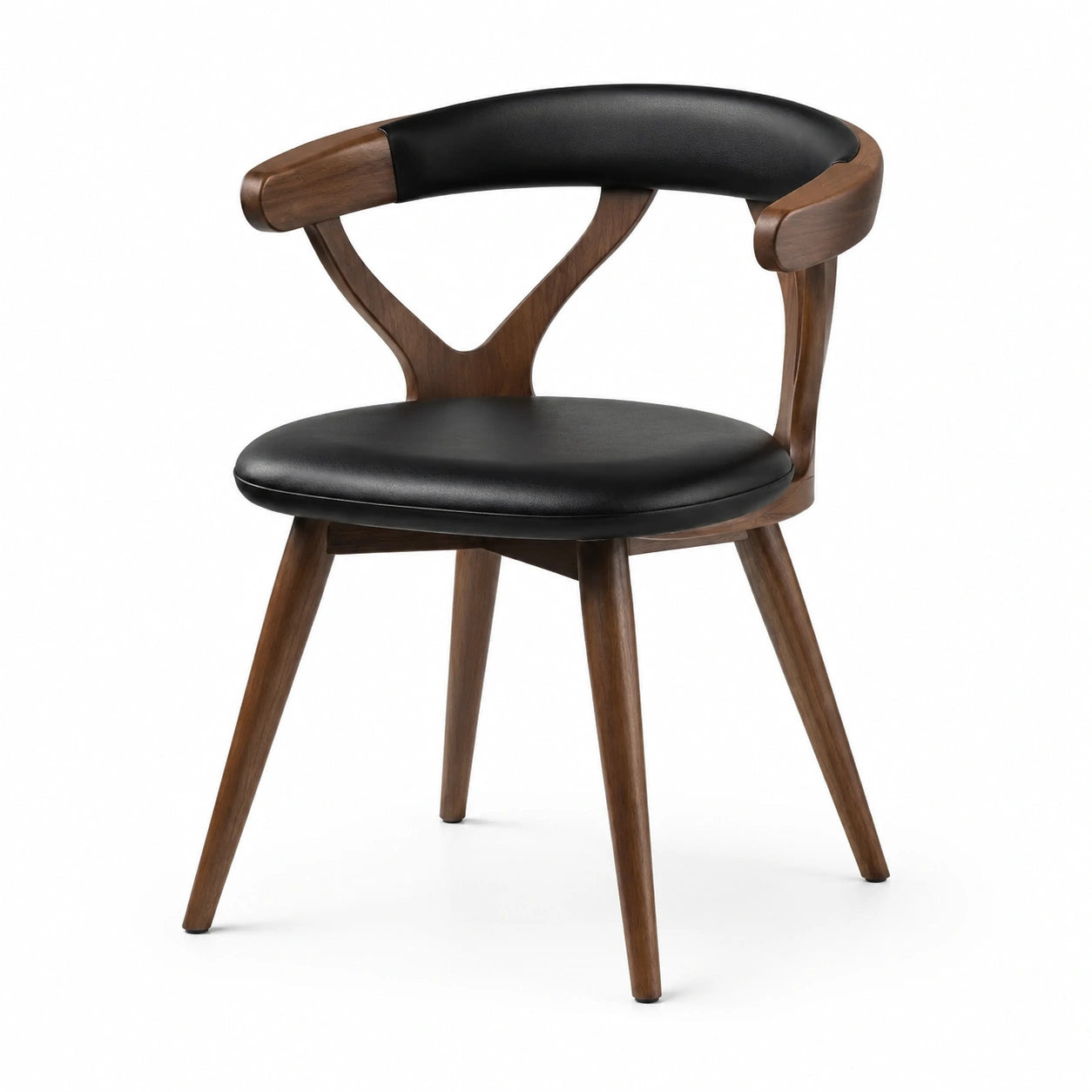 Chaise en bois noyer avec assise en cuir synthétique noir