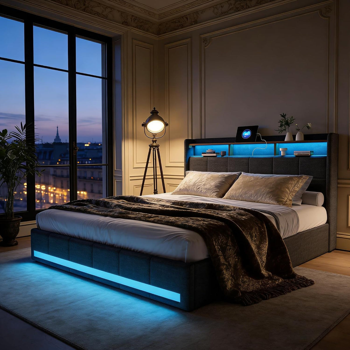 Cadre de lit, 2 USB & 1 Type-C, télécommande, Lin Respirant pour Chambre ou Studio, BRYXR, 4 Tiroirs, éclairage LED, Tête de Lit avec Étagère