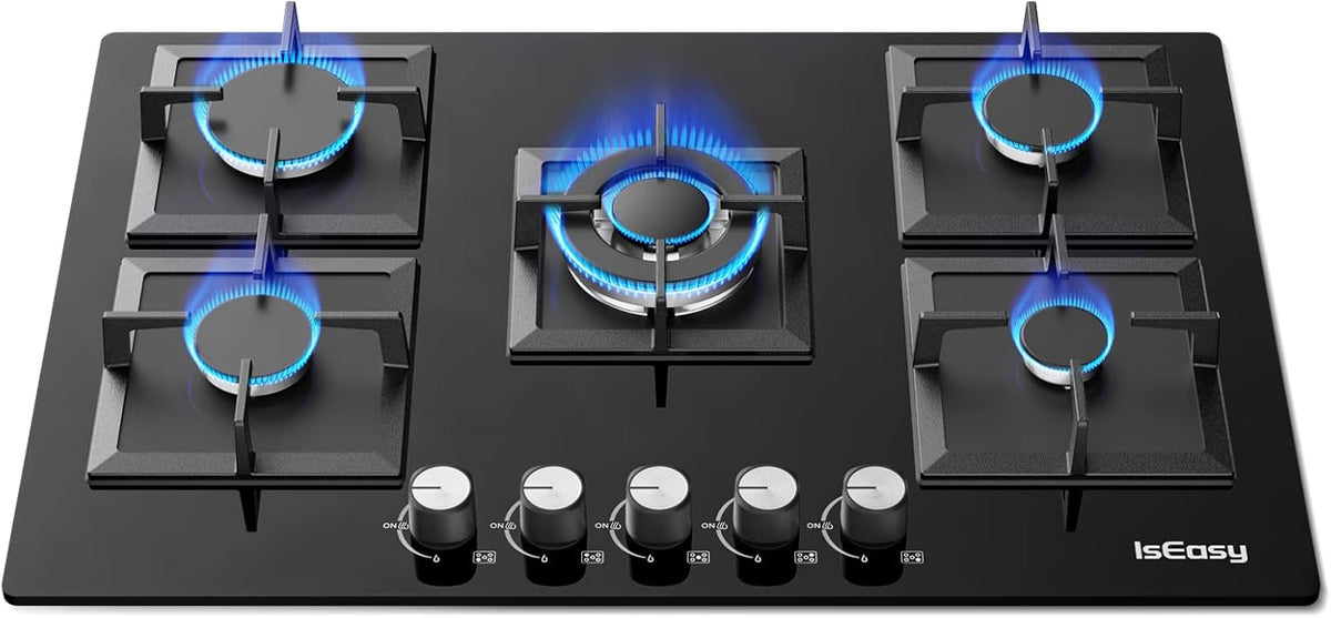 Plaque de cuisson IsEasy, 77 cm, verre, 8 mm, Table de Cuisson à Gaz 5 Feux Noir, 77 × 51 × 5.5cm, 3.3KW, 2.7KW, 1.75KW, 1KW, 73cm, 48cm