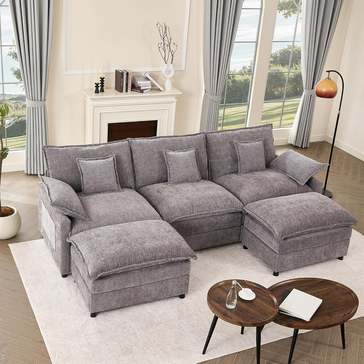 Canapé Litbird, 3 Places avec Repose-Pieds Amovible, Meuble de Salon Moderne, 274 cm, 63 cm, réglable, Gris