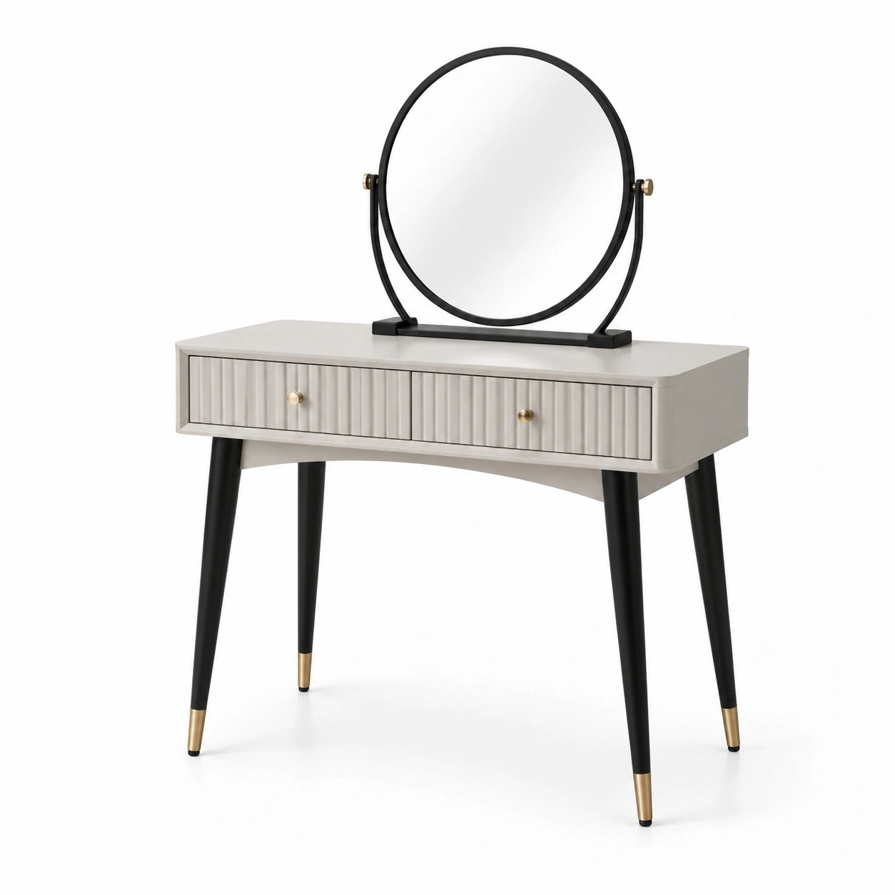 Coiffeuse en bois avec miroir rond et pieds en métal noir et or