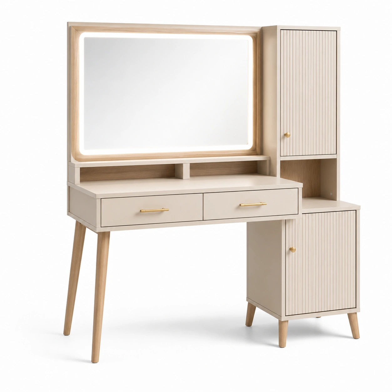 Coiffeuse en Bois avec Miroir LED et Rangement Beige