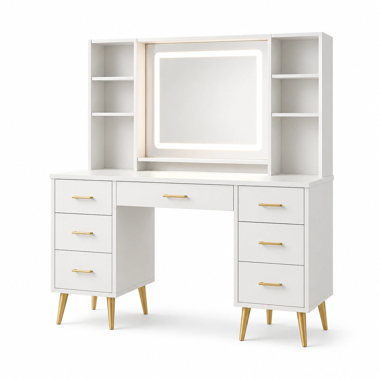 Coiffeuse en MDF blanc avec miroir LED et étagères 120 cm
