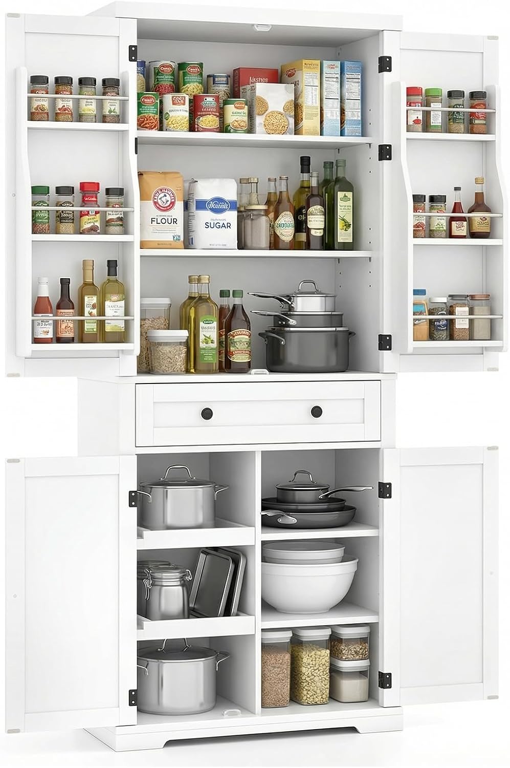 Buffet, Armoire Cuisine Rangement 184 cm, réglable, COSTWAY, 3, 2 cm, 6, 4 cm, 6 Étagères, 3 étagères, 4 étagères, 2 étagères, Blanc, Salon