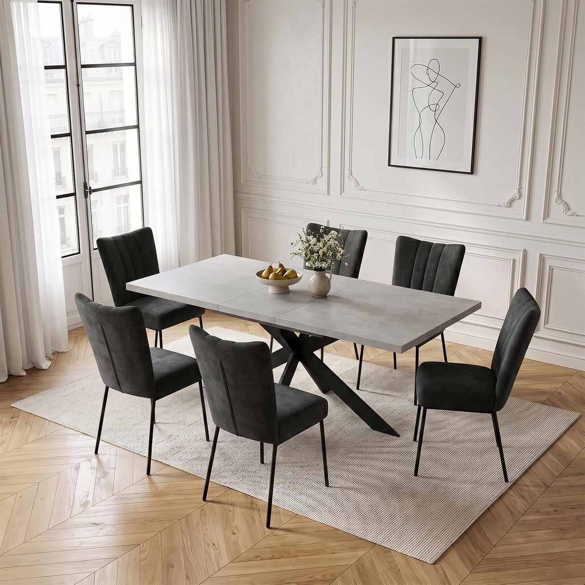 Ensemble pour salle à manger, 170 cm, Plateau en MDF avec Pieds en métal Noir araignée, JIEXI, 130 cm, 4 cm, 85 cm, 76 cm, 50 cm, 48 cm