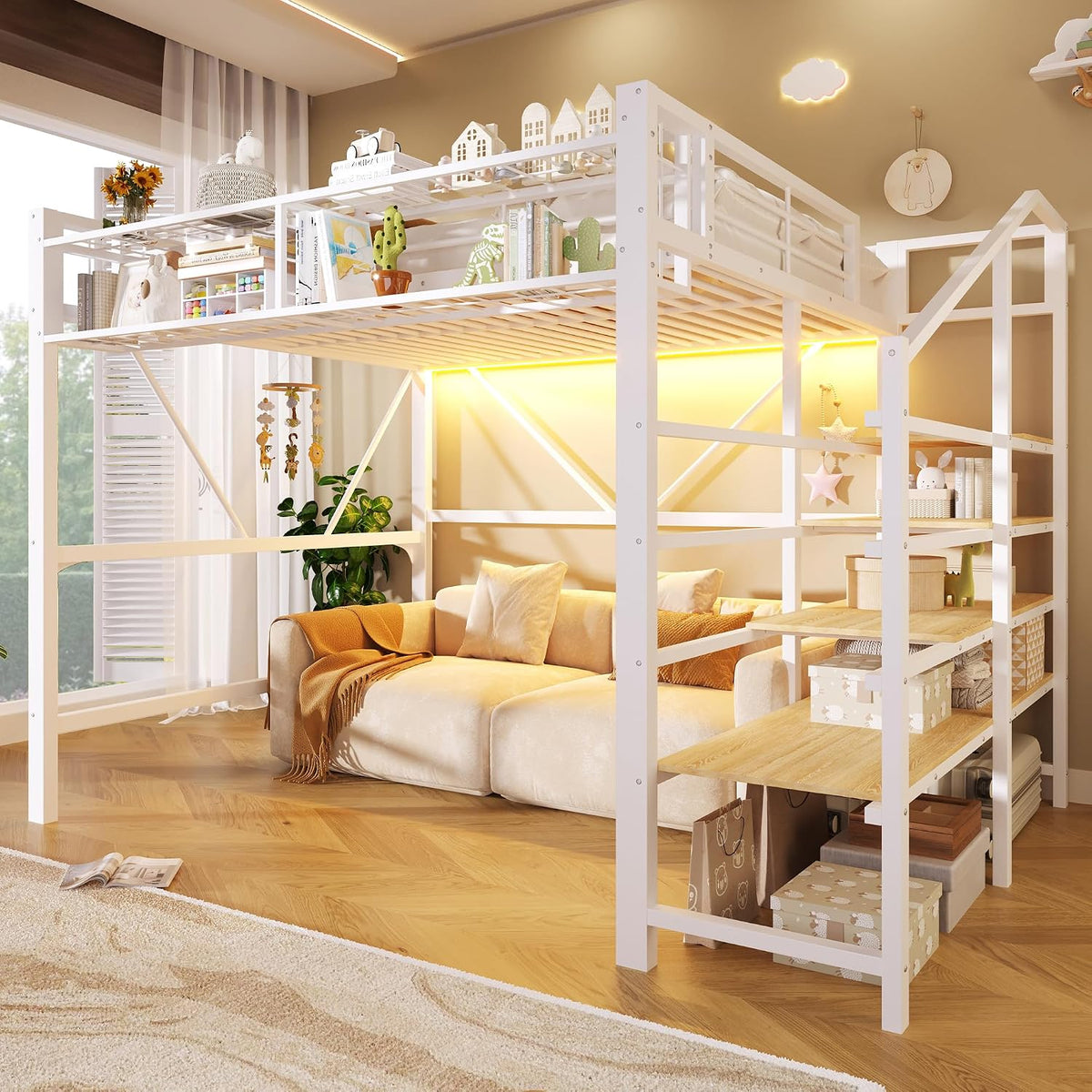 Cadre de lit, 140 × 200 cm, Lit Gain de Place sans Matelas, Espace sous Lit Bureau, DHHU, 150kg, 120kg, Structure Renforcée 150kg