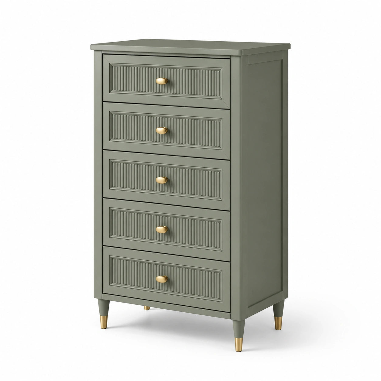 Commode en bois MDF vert olive à 5 tiroirs avec poignées dorées