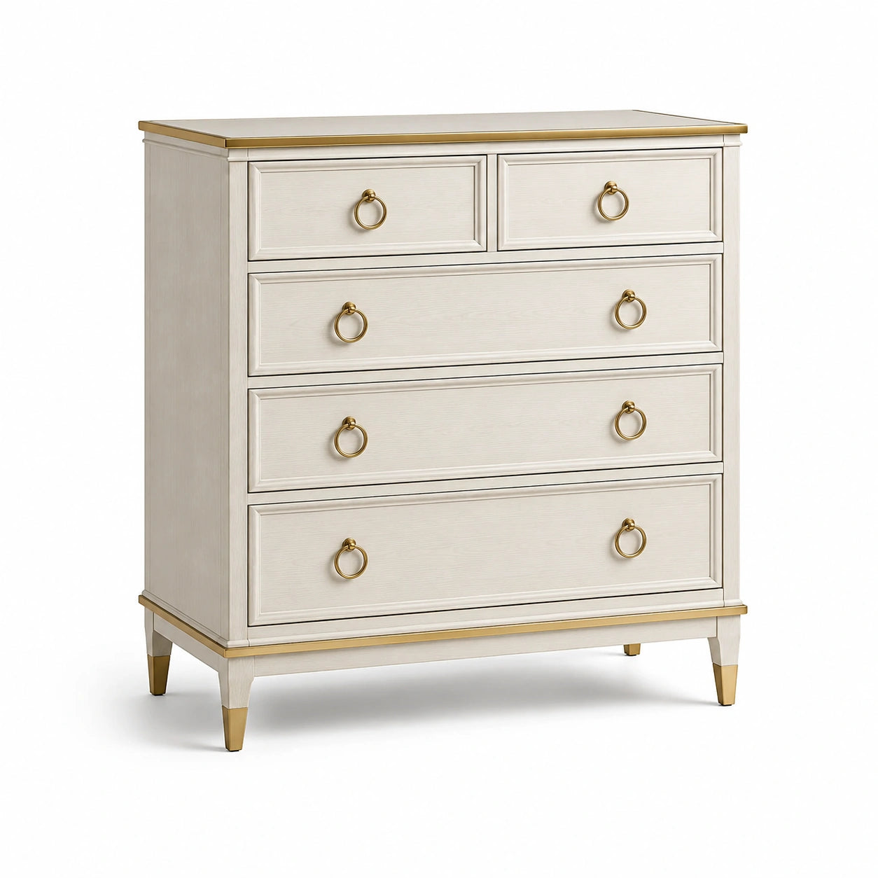 Commode cinq tiroirs en bois avec poignées métalliques dorées