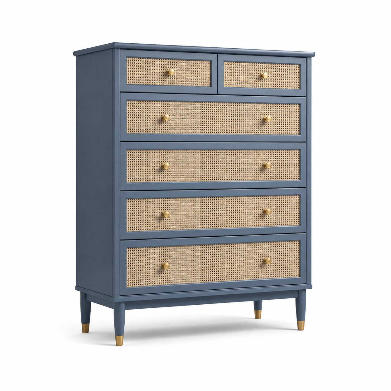 Commode en bois et rotin bleu avec 6 tiroirs