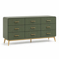 Commode 6 tiroirs bois et métal vert kaki doré 150x45x80 cm