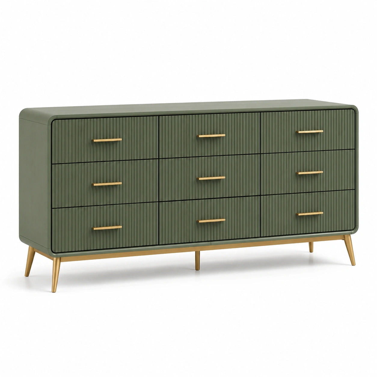Commode 6 tiroirs bois et métal vert kaki doré 150x45x80 cm