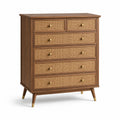 Commode 6 tiroirs en bois et rotin brun